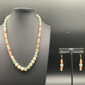 Vintage Gemstone Bead Necklace Earring Set Green Orange Cream Stone‎ Beads 19"